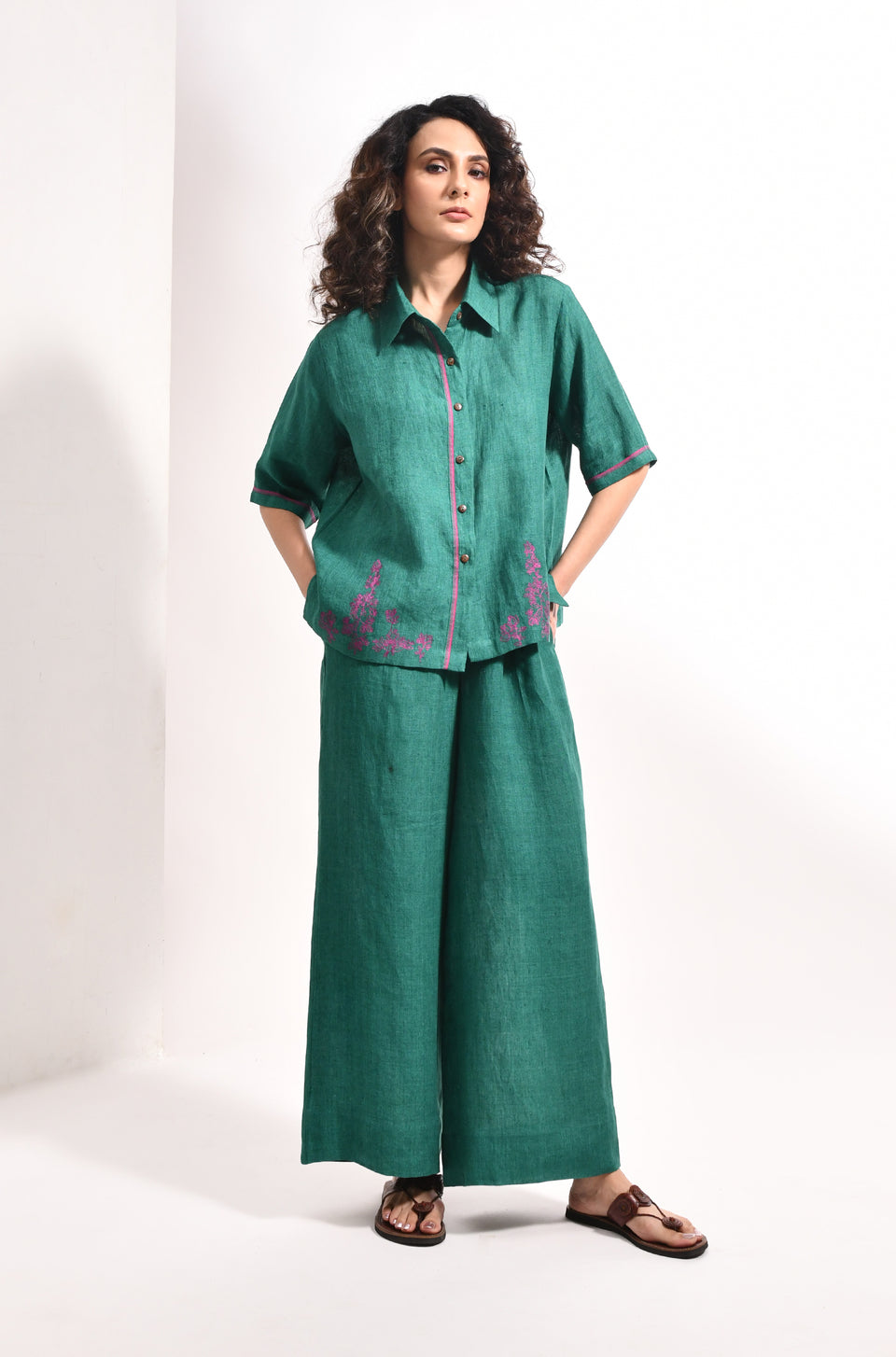 Forest green linen shirt with Flared trousers bougainvillea embroidery - Hiranya