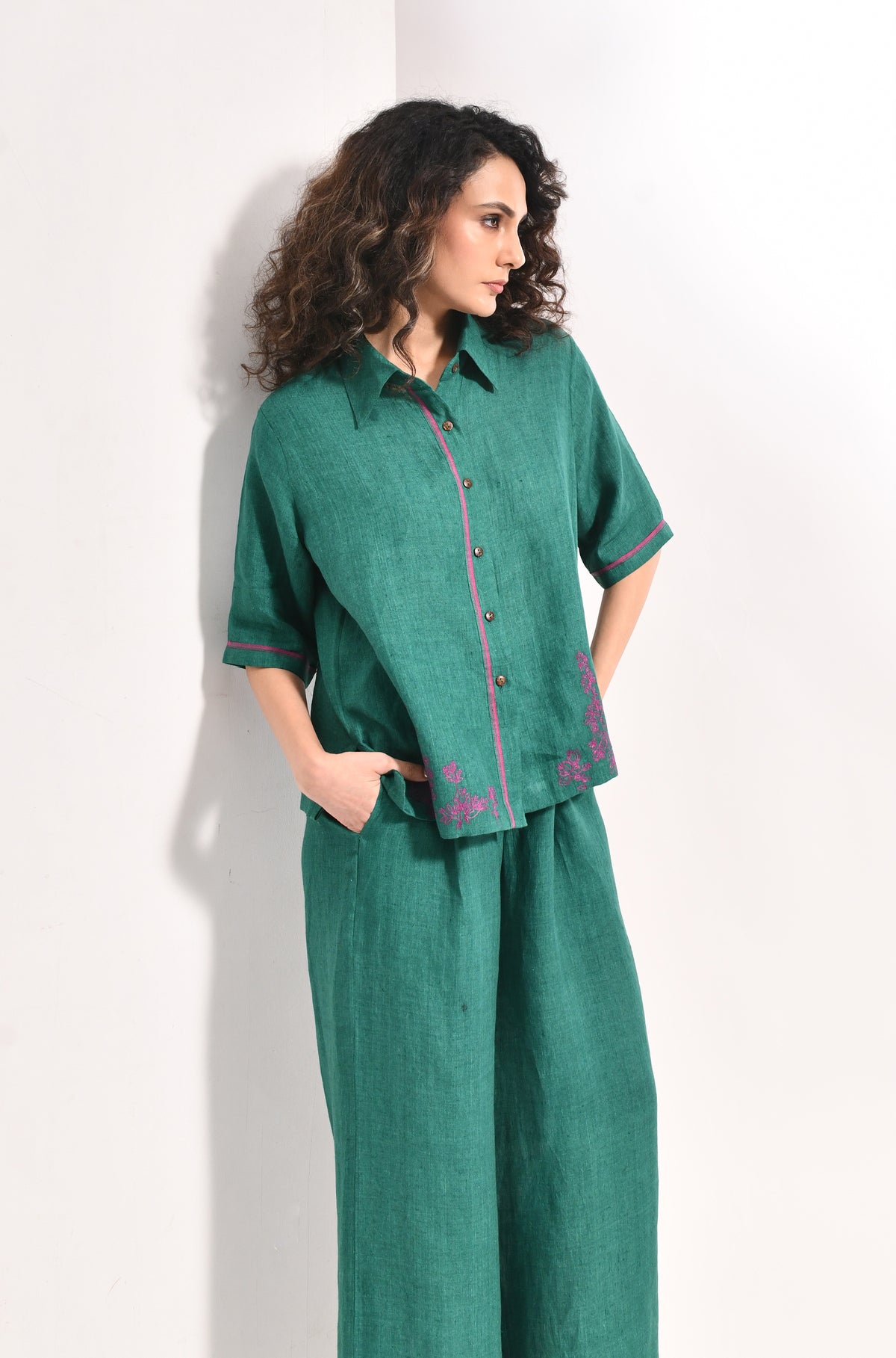 Forest green linen shirt with Flared trousers bougainvillea embroidery - Hiranya