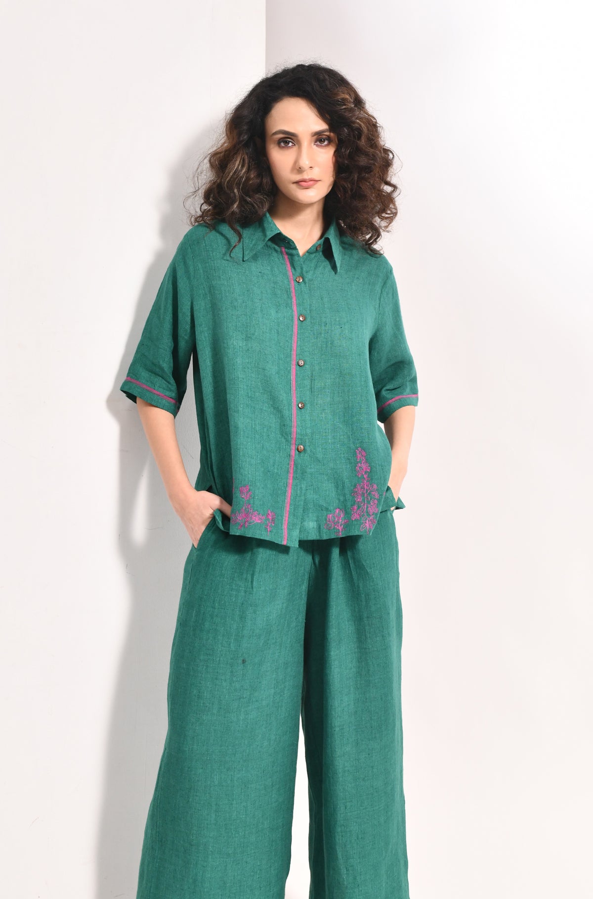 Forest green linen shirt with Flared trousers bougainvillea embroidery - Hiranya
