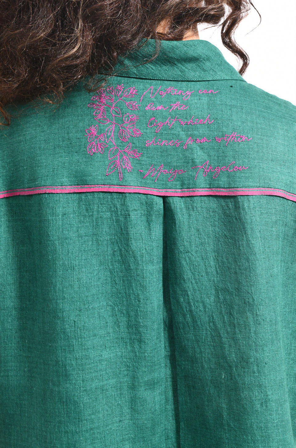 Forest green linen shirt with Flared trousers bougainvillea embroidery - Hiranya