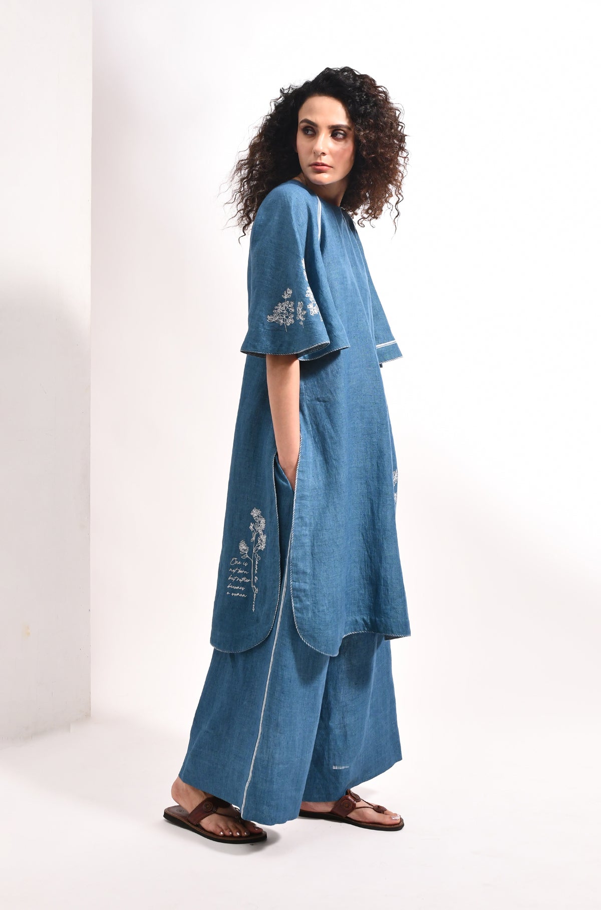 French blue linen co-ord set with embroidered bell sleeves - Hiranya