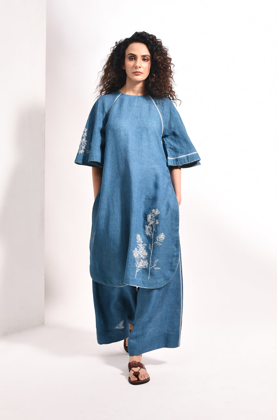 French blue linen co-ord set with embroidered bell sleeves - Hiranya
