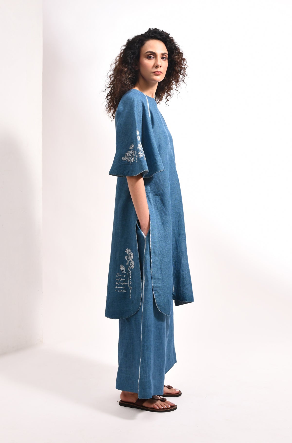 French blue linen co-ord set with embroidered bell sleeves - Hiranya