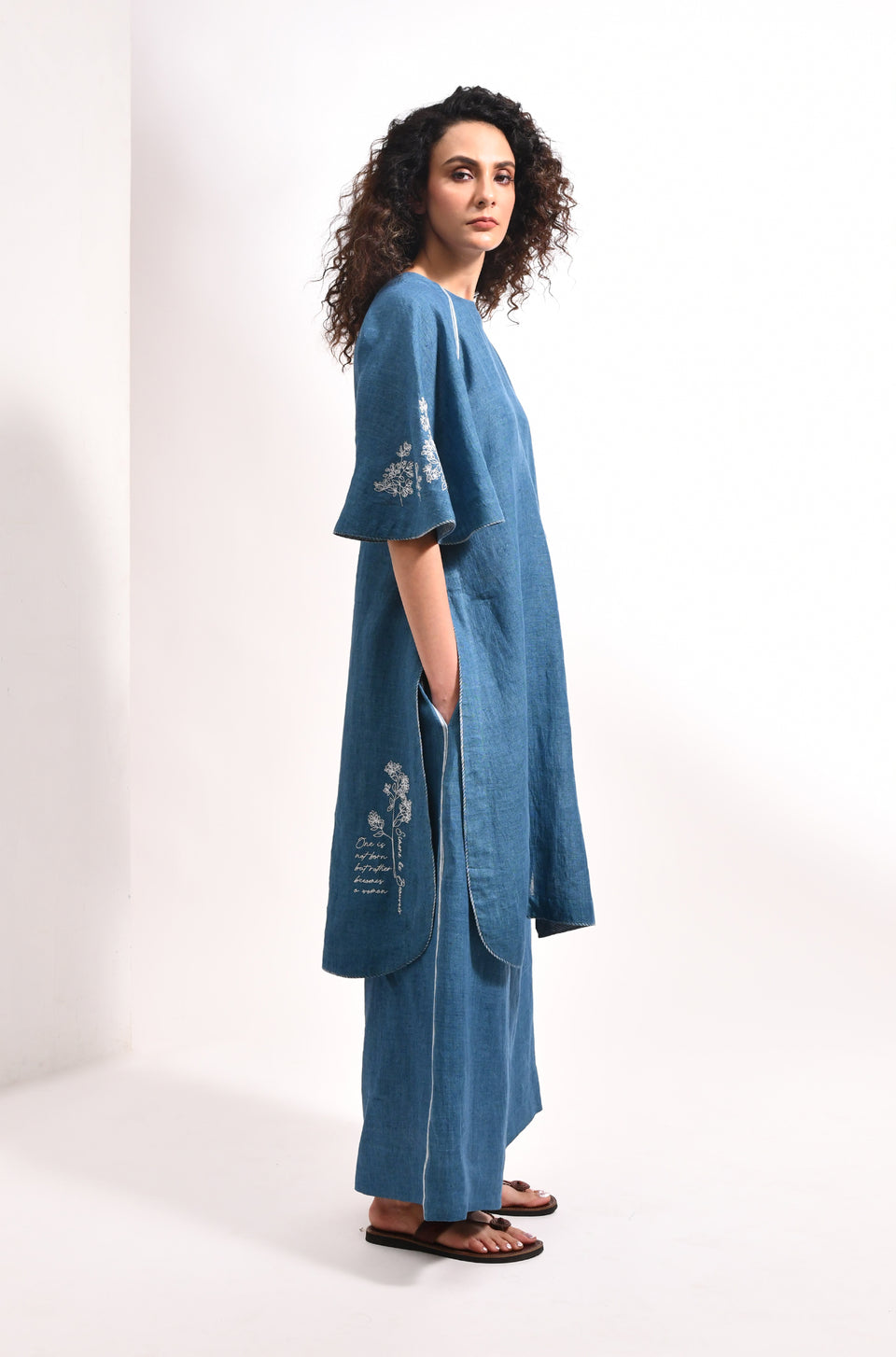 French blue linen co-ord set with embroidered bell sleeves - Hiranya