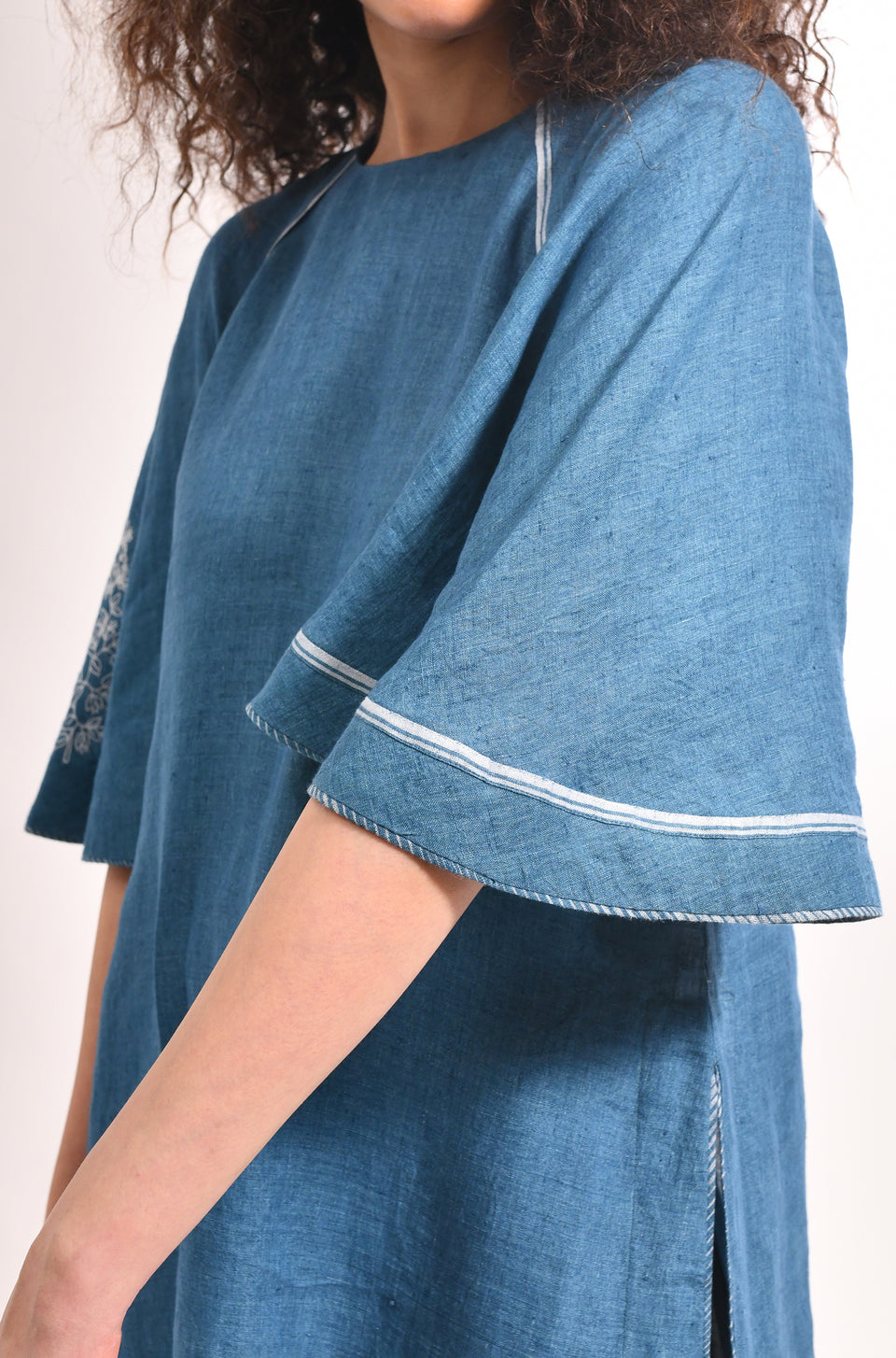 French blue linen co-ord set with embroidered bell sleeves - Hiranya