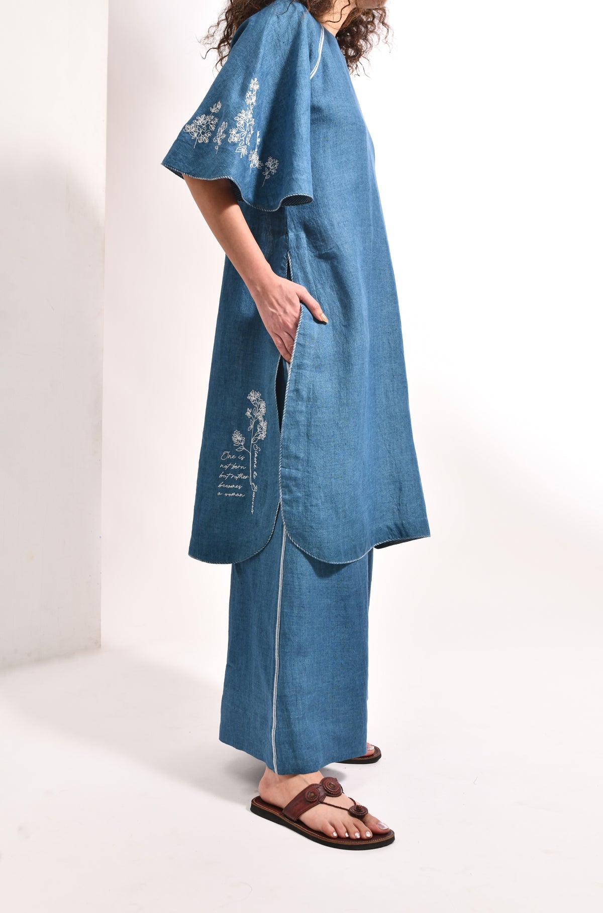 French blue linen co-ord set with embroidered bell sleeves - Hiranya