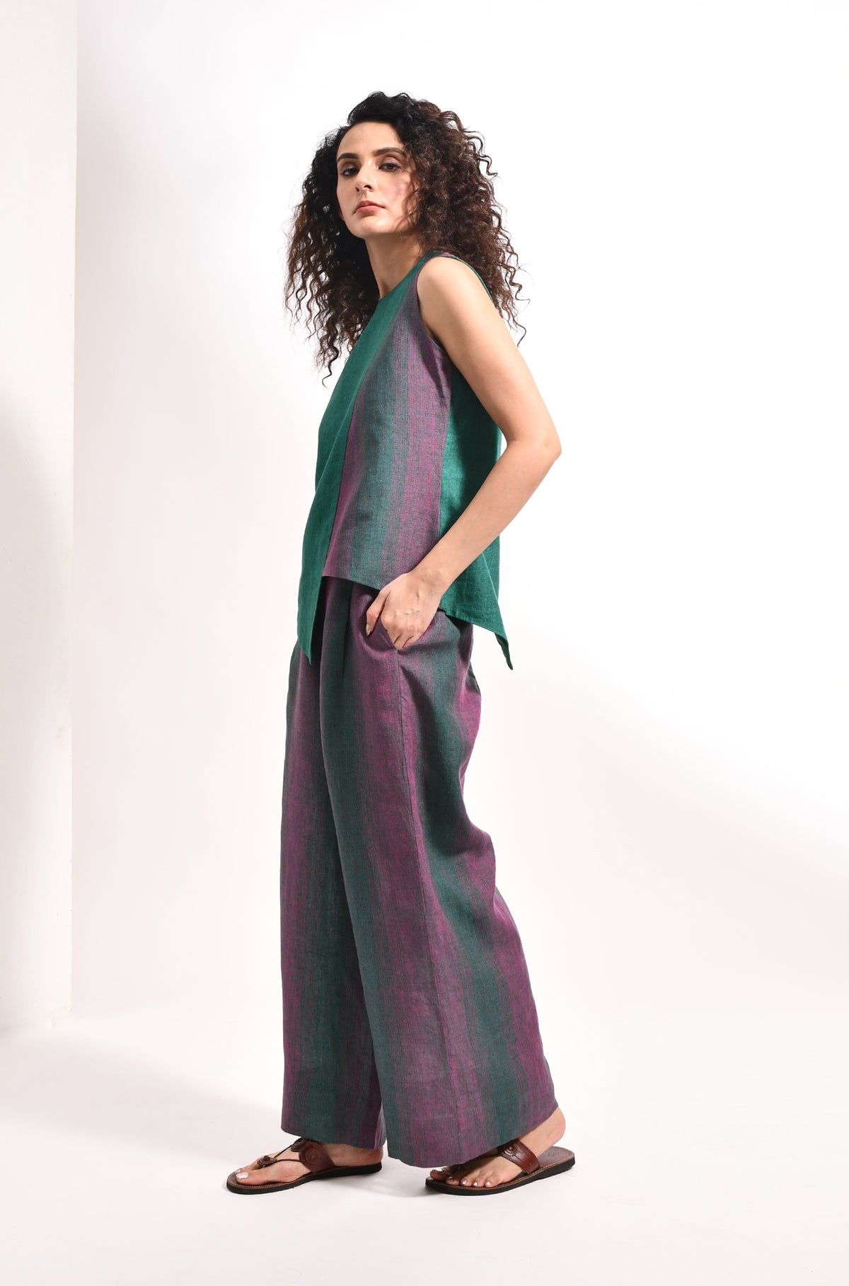 Forest green linen overlap top & striped flared trousers - Hiranya