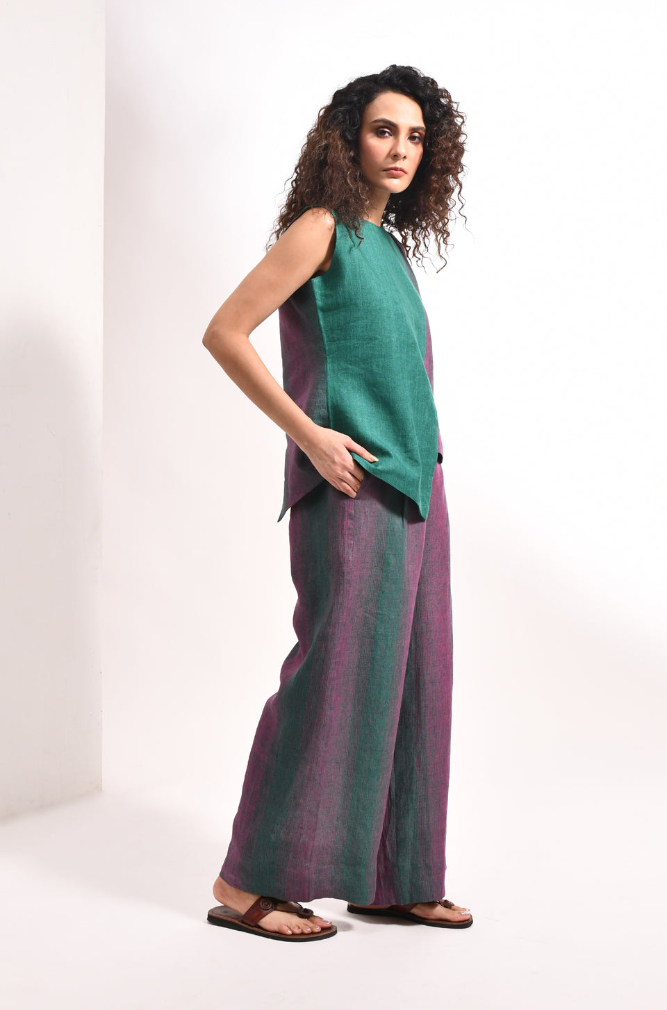 Forest green linen overlap top & striped flared trousers - Hiranya