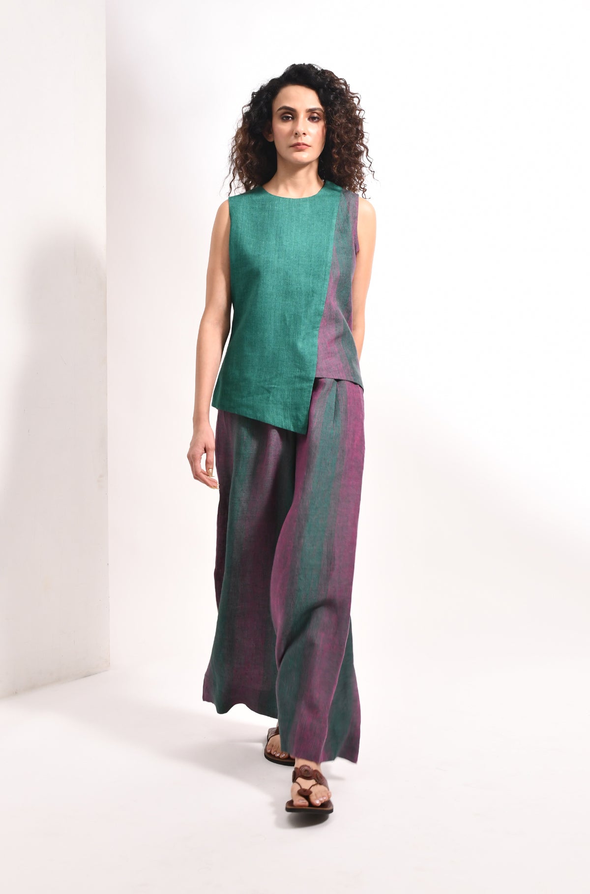Forest green linen overlap top & striped flared trousers - Hiranya