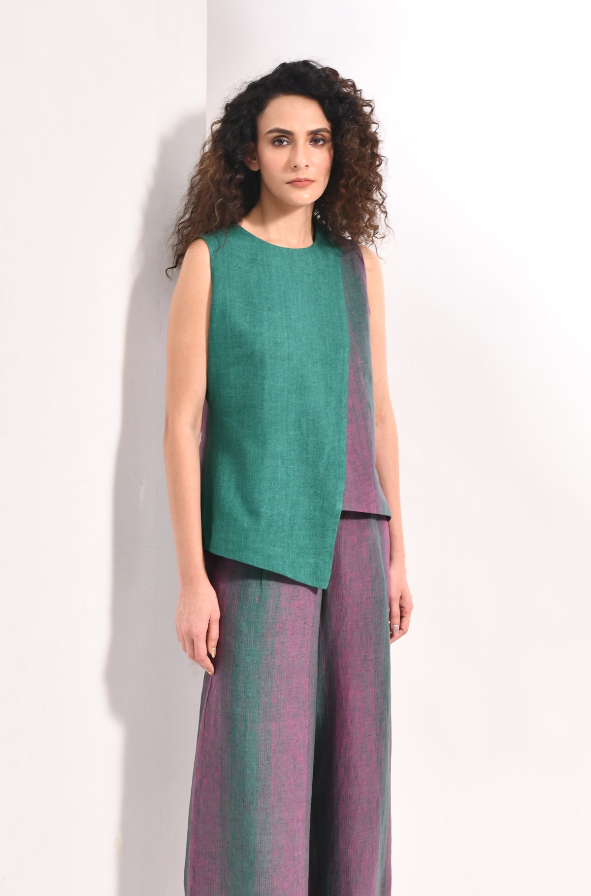 Forest green linen overlap top & striped flared trousers - Hiranya