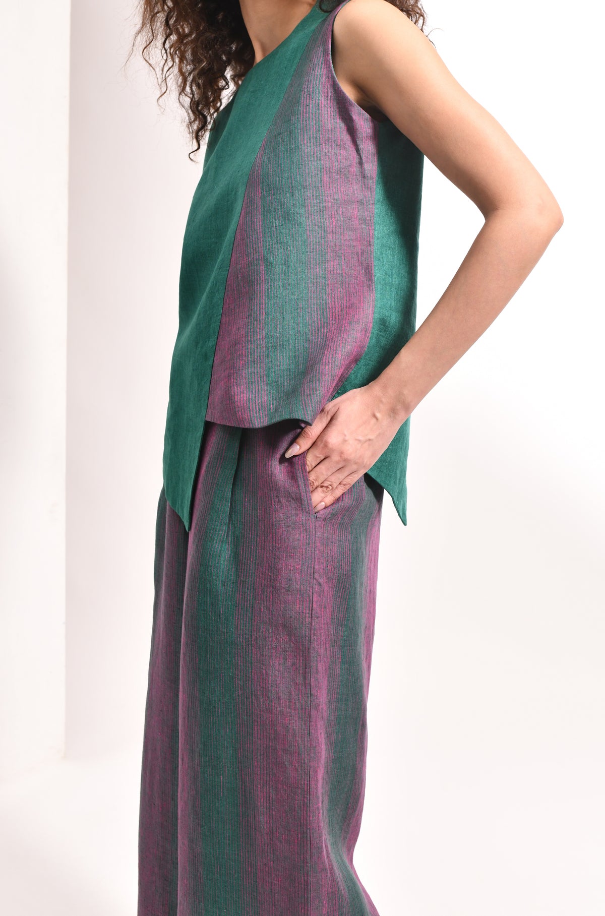 Forest green linen overlap top & striped flared trousers - Hiranya