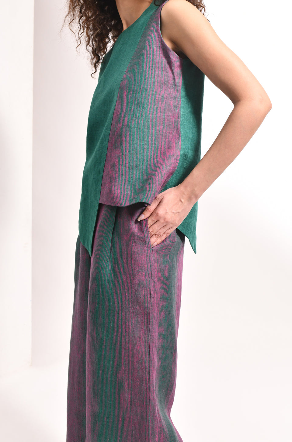 Forest green linen overlap top & striped flared trousers - Hiranya