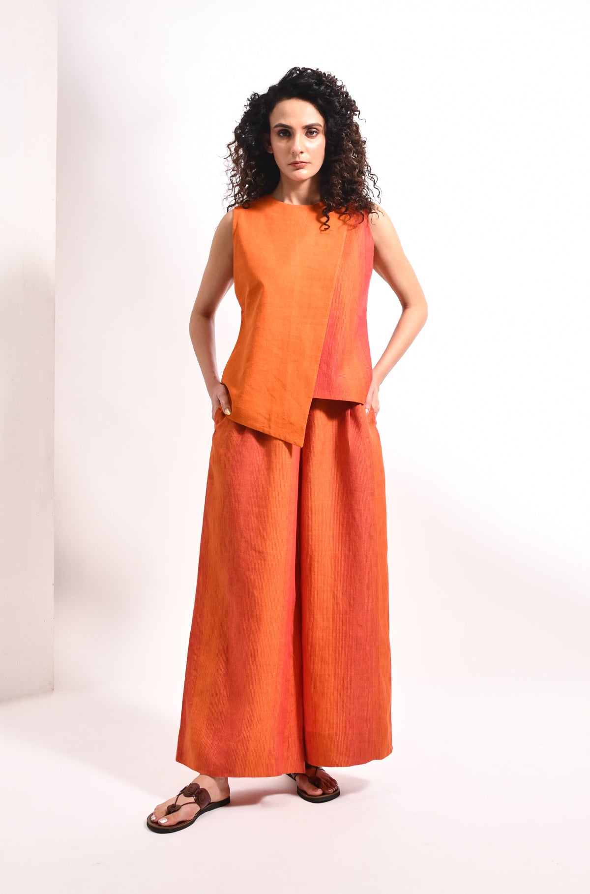 Amber linen V-cut overlap top & striped flared trousers - Hiranya