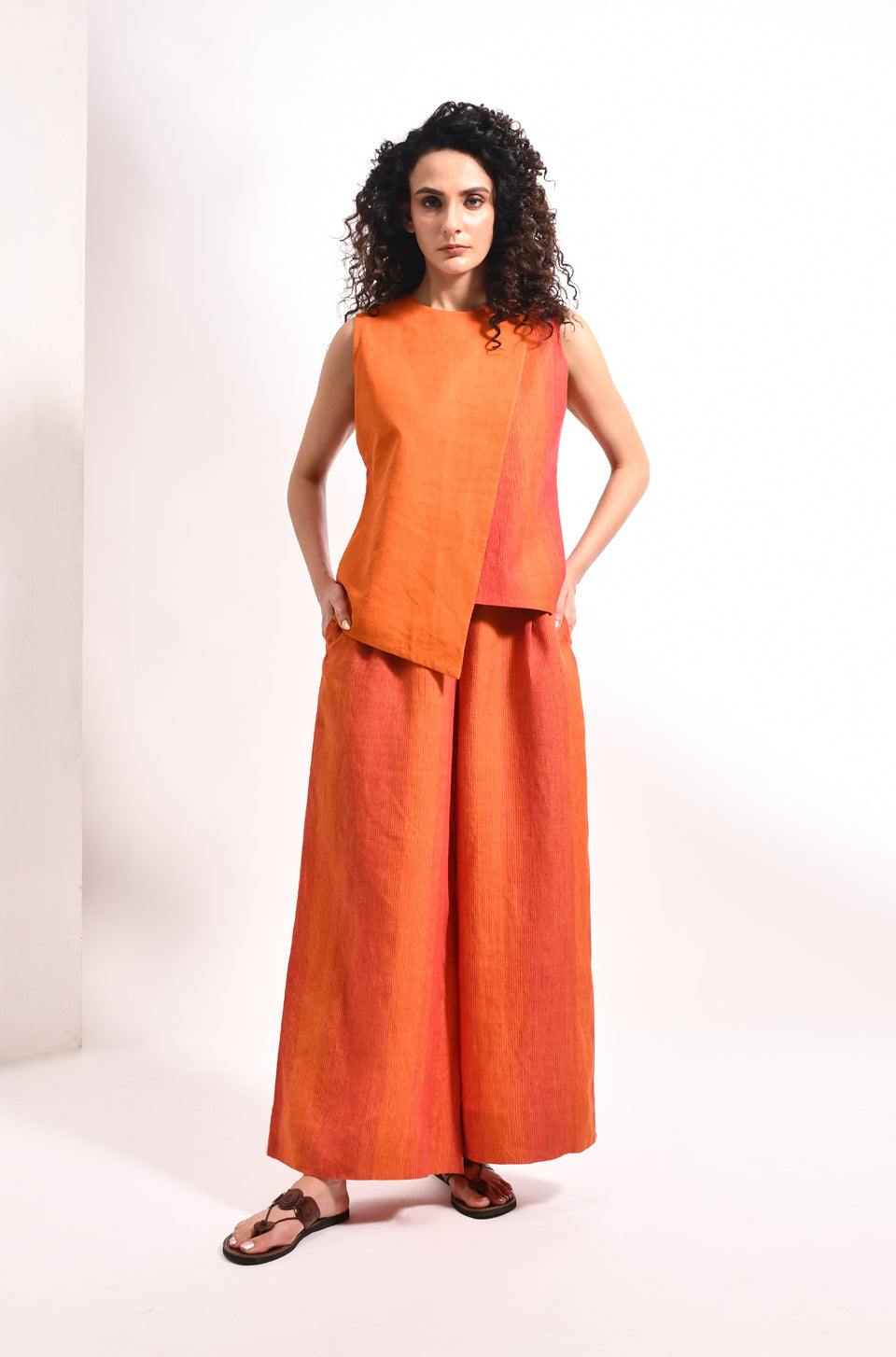 Amber linen V-cut overlap top & striped flared trousers - Hiranya