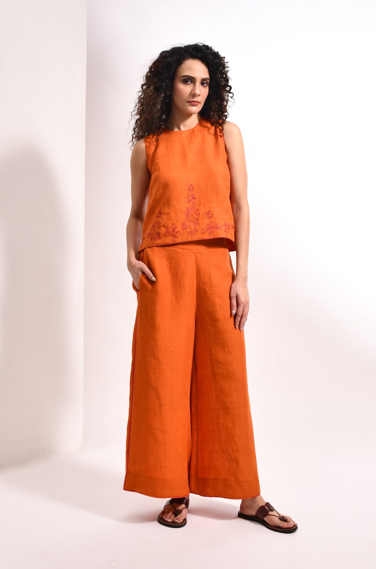 Amber linen embroidered crop top co-ord set for women - Hiranya