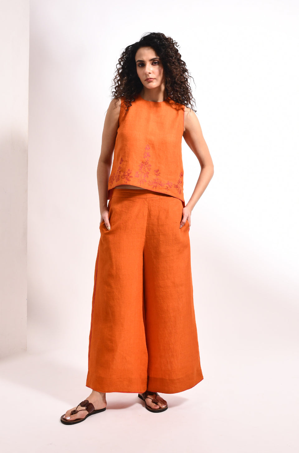 Amber linen embroidered crop top co-ord set for women - Hiranya