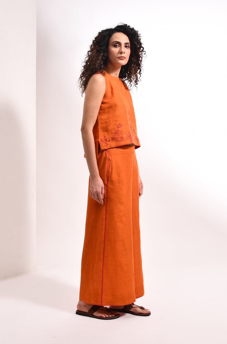 Amber linen embroidered crop top co-ord set for women - Hiranya