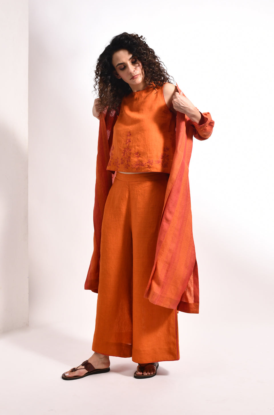 Amber orange linen jacket co-ord set for women - Hiranya