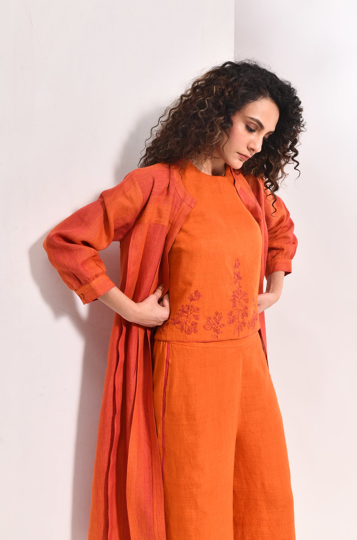 Amber orange linen jacket co-ord set for women - Hiranya