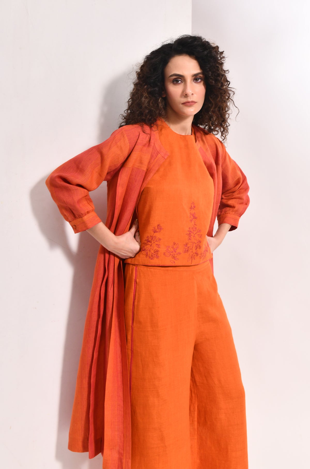 Amber orange linen jacket co-ord set for women - Hiranya