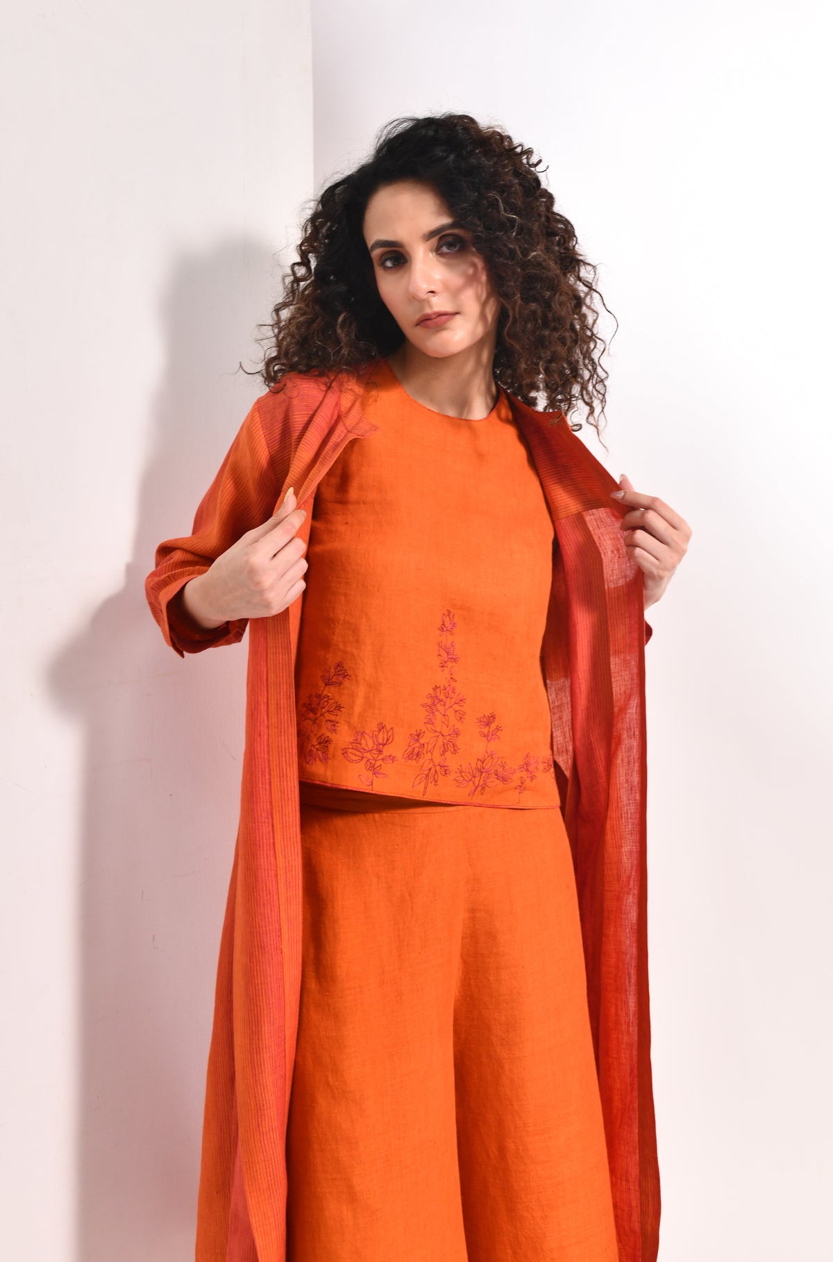 Amber orange linen jacket co-ord set for women - Hiranya