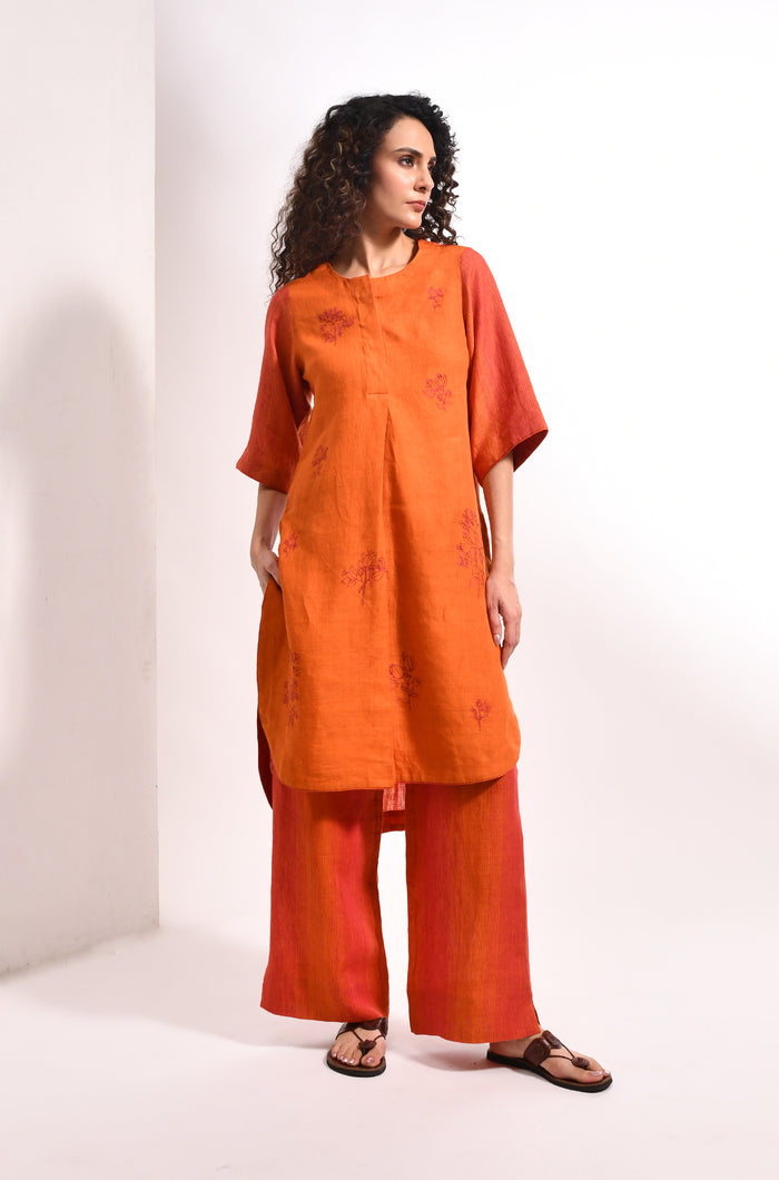 Amber linen co-ord set with bougainvillea embroidery kurta and striped trousers for women - Hiranya