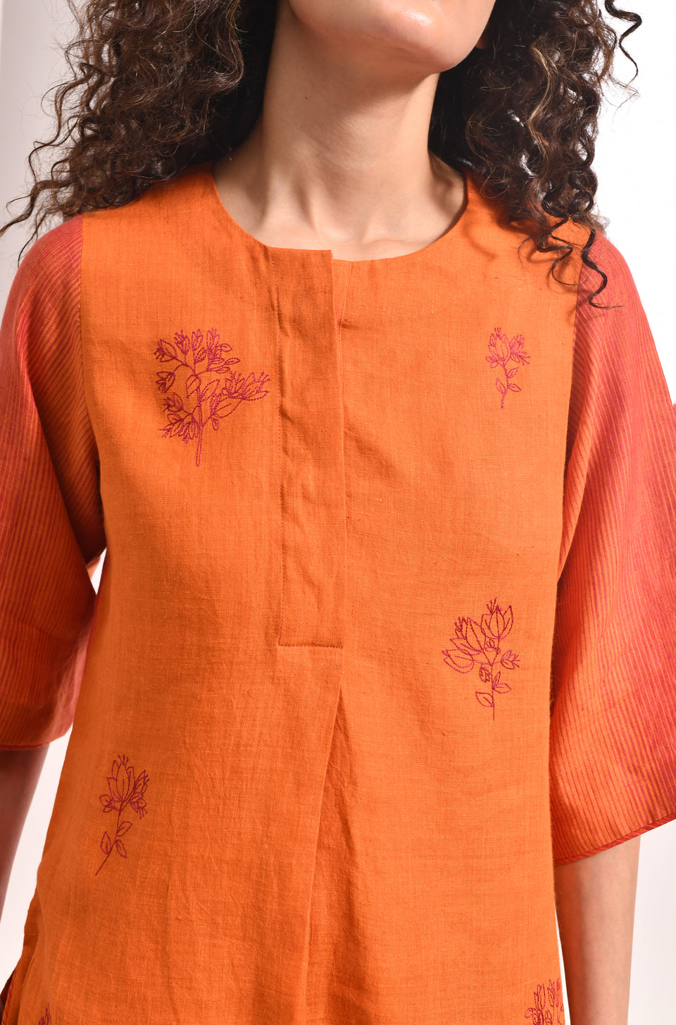 Amber linen co-ord set with bougainvillea embroidery kurta and striped trousers for women - Hiranya