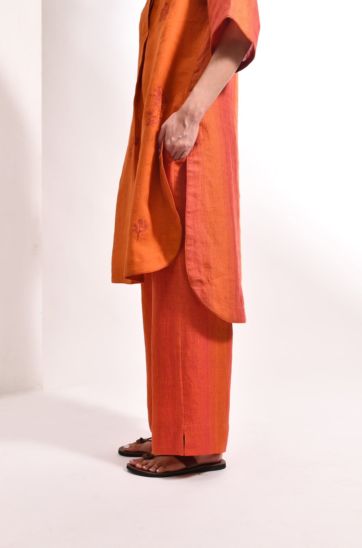 Amber linen co-ord set with bougainvillea embroidery kurta and striped trousers for women - Hiranya