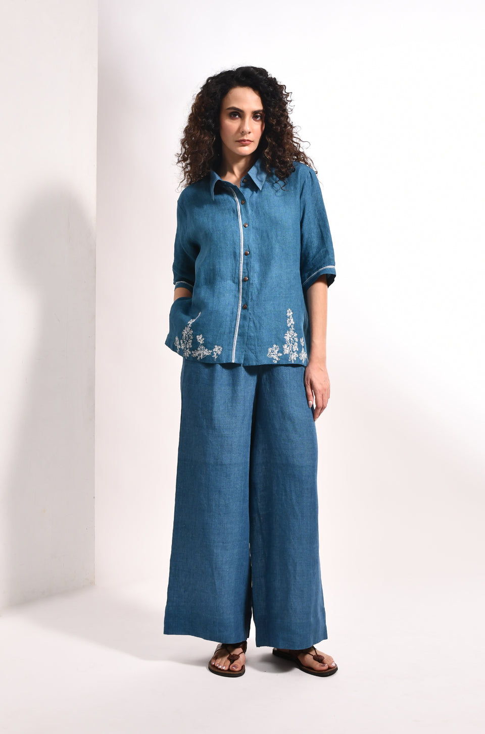 French blue linen shirt with Flared trousers bougainvillea embroidery - Hiranya
