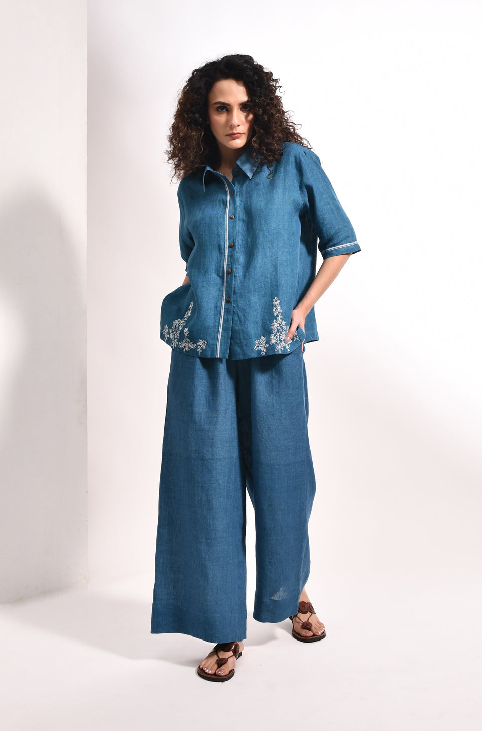 French blue linen shirt with Flared trousers bougainvillea embroidery - Hiranya