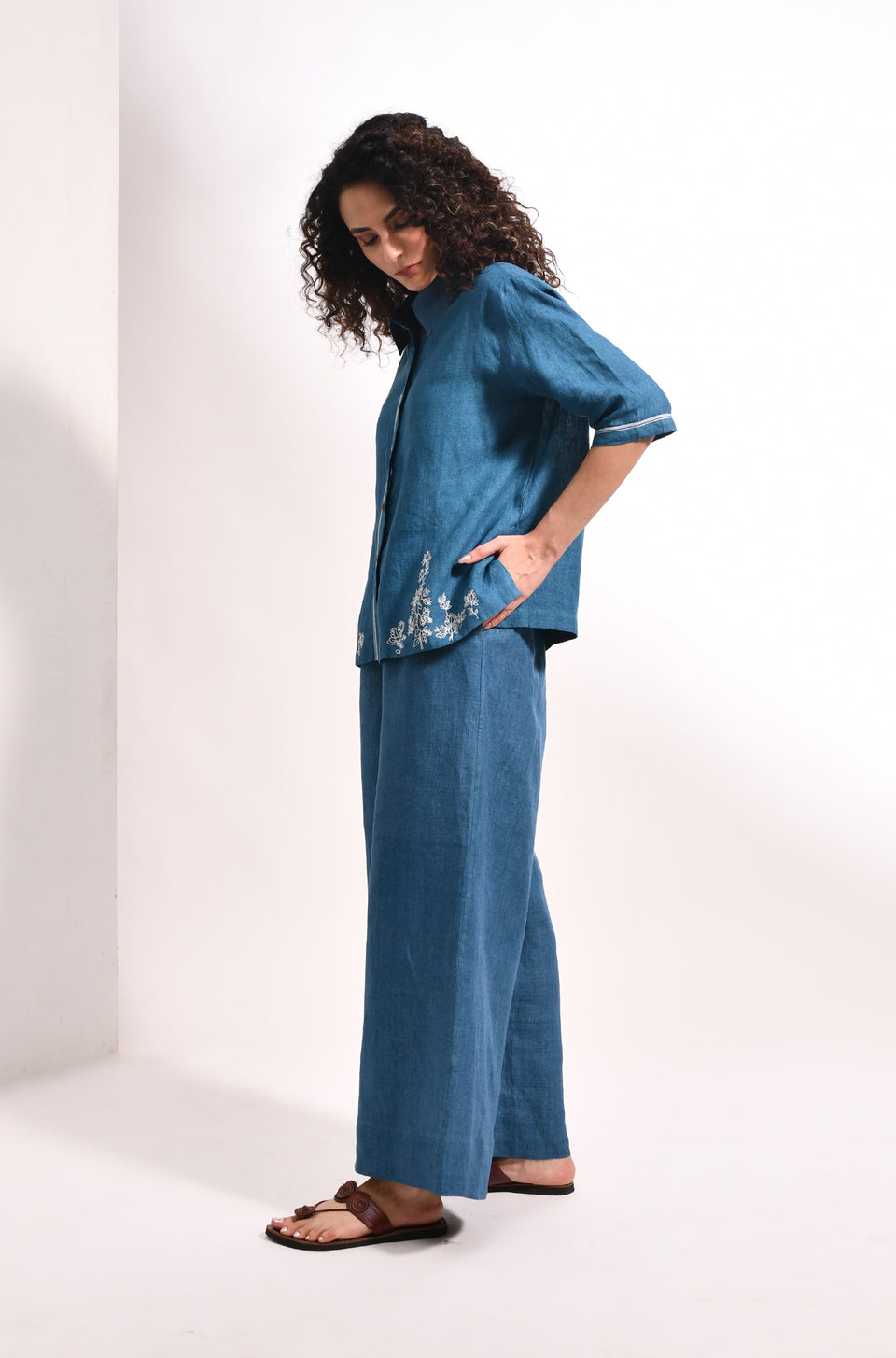 French blue linen shirt with Flared trousers bougainvillea embroidery - Hiranya