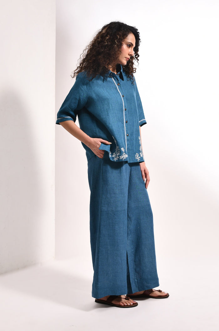 French blue linen shirt with Flared trousers bougainvillea embroidery - Hiranya