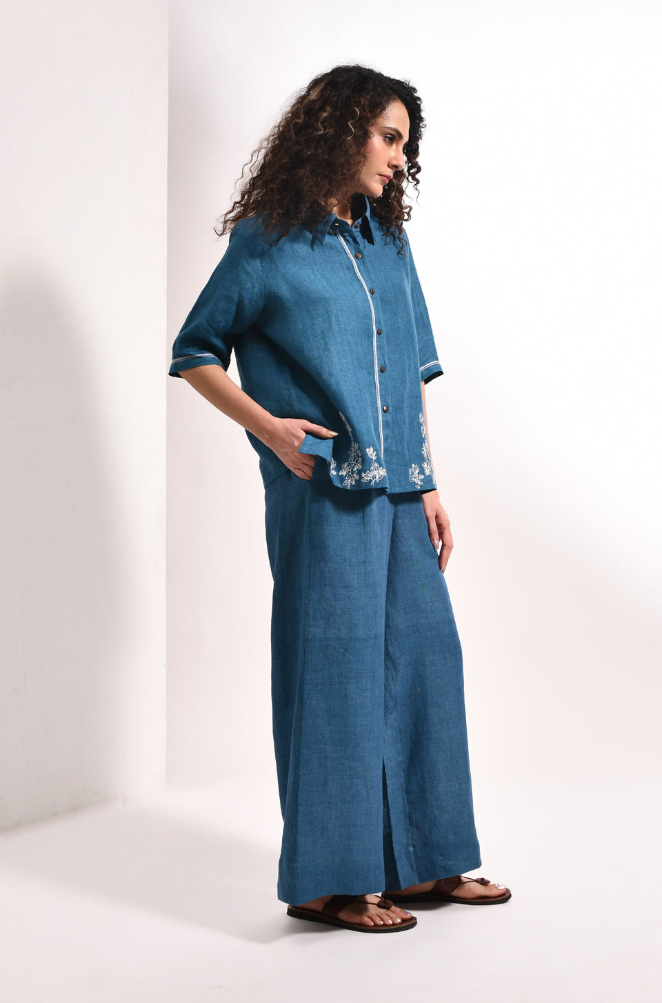 French blue linen shirt with Flared trousers bougainvillea embroidery - Hiranya