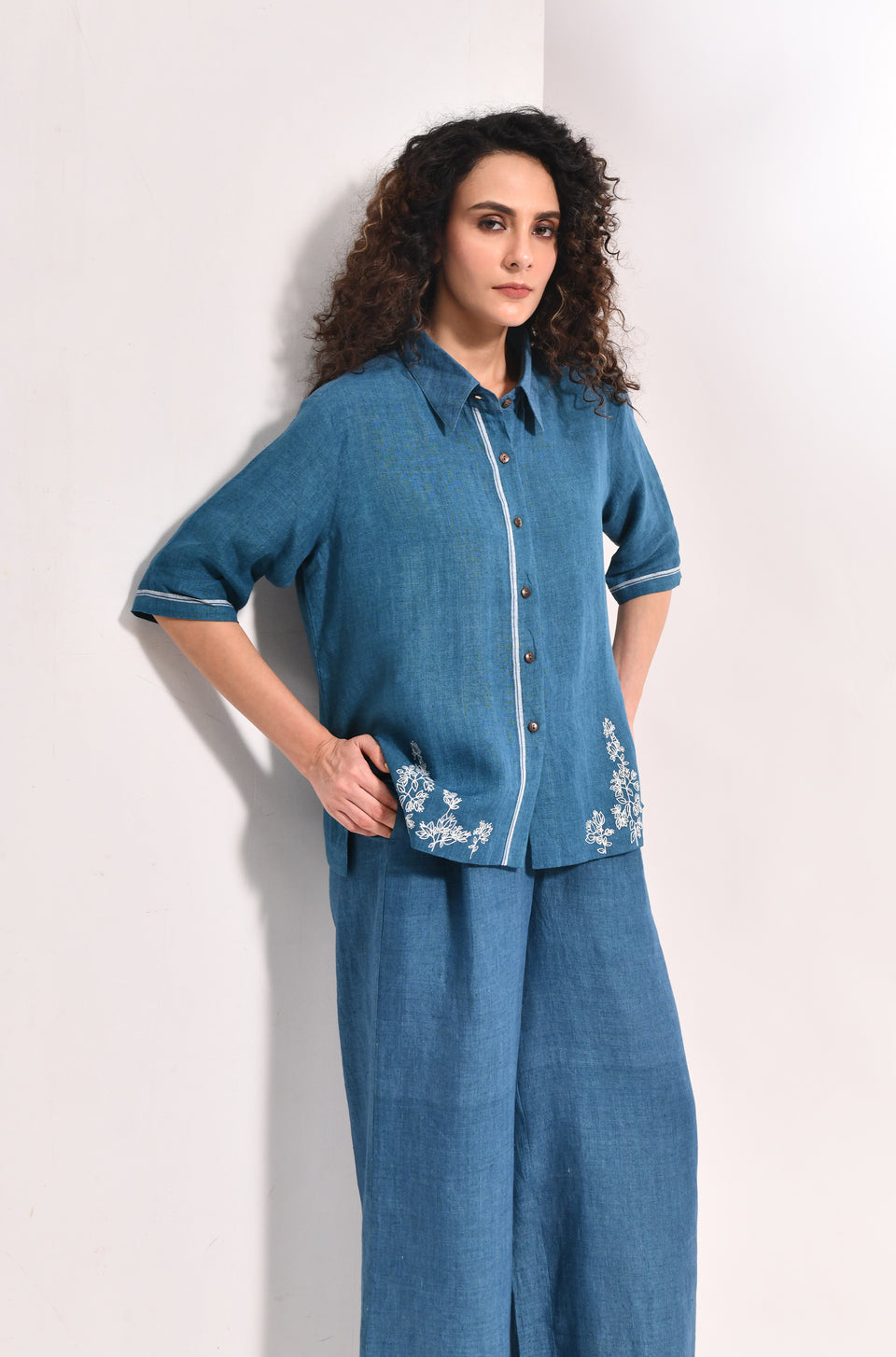 French blue linen shirt with Flared trousers bougainvillea embroidery - Hiranya