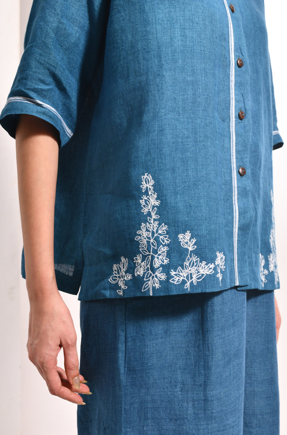 French blue linen shirt with Flared trousers bougainvillea embroidery - Hiranya
