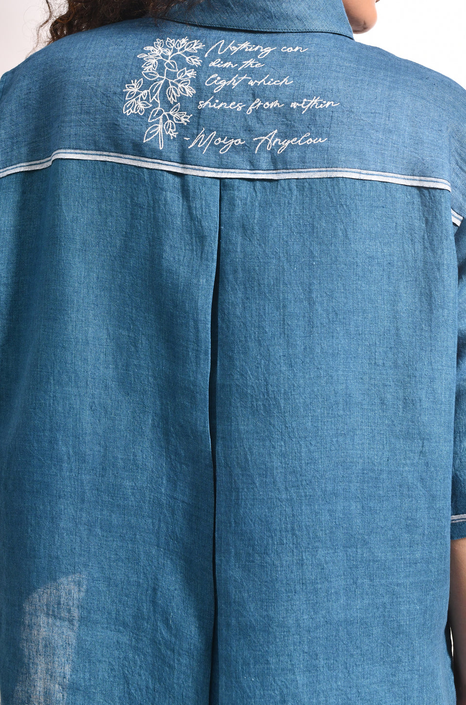 French blue linen shirt with Flared trousers bougainvillea embroidery - Hiranya