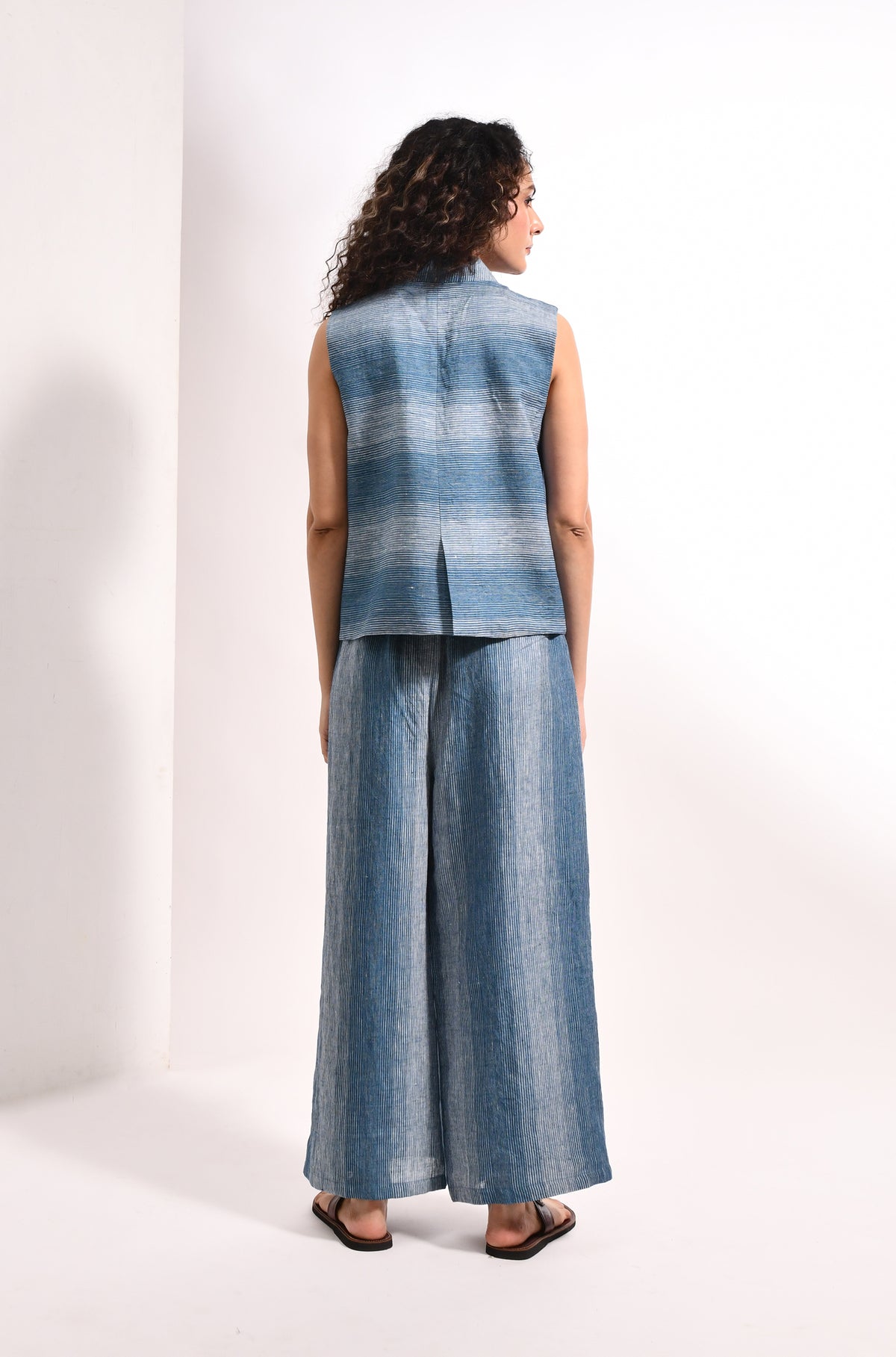 French blue linen striped waistcoat & overlap trousers - Hiranya