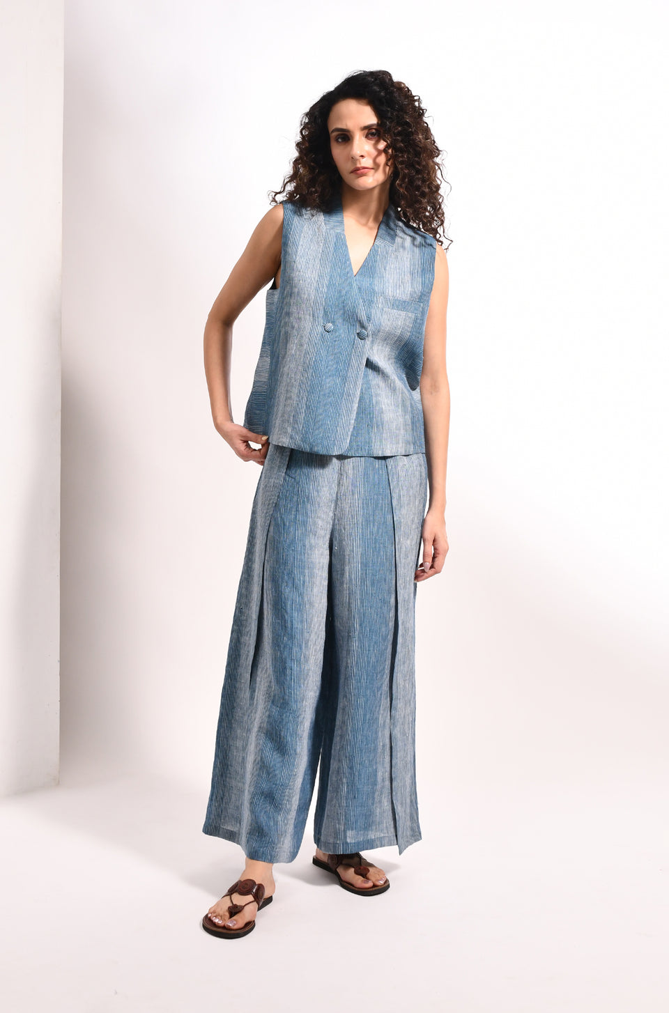 French blue linen striped waistcoat & overlap trousers - Hiranya
