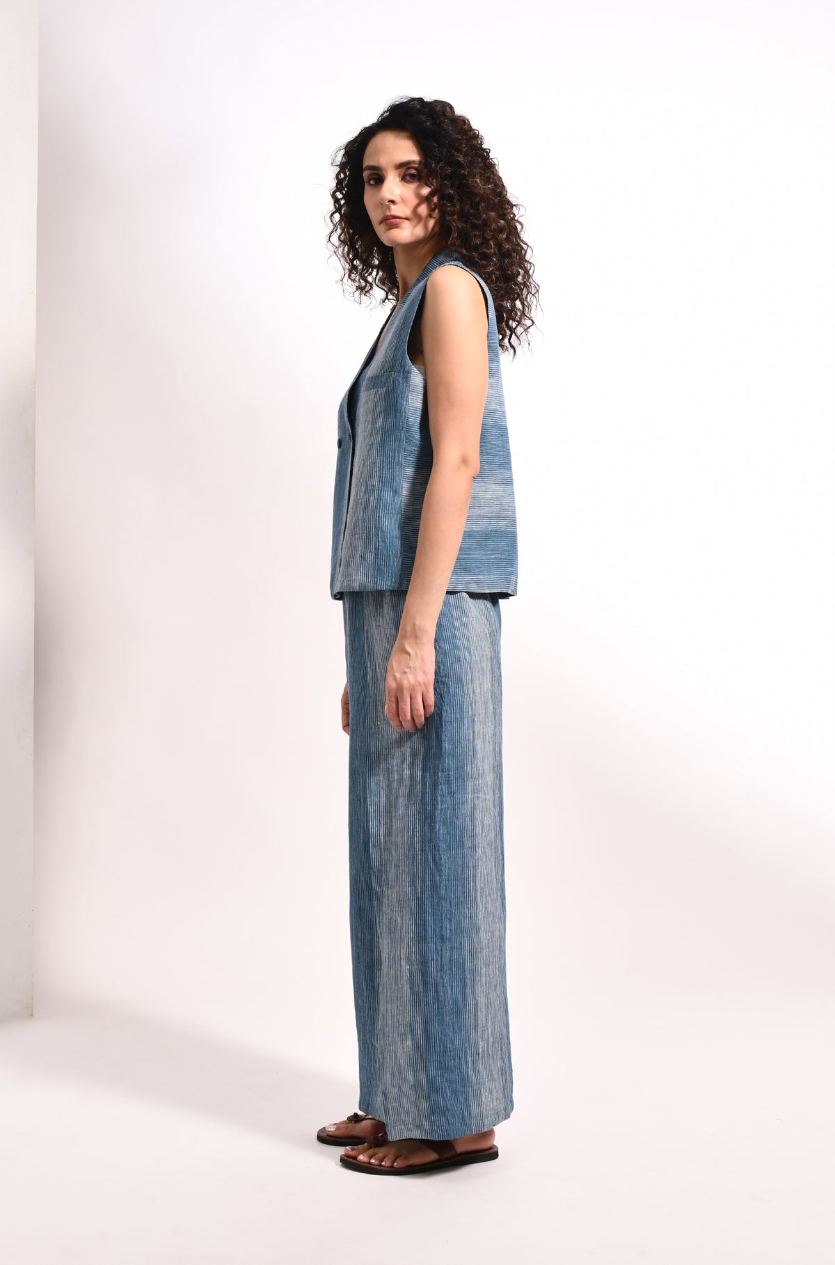 French blue linen striped waistcoat & overlap trousers - Hiranya