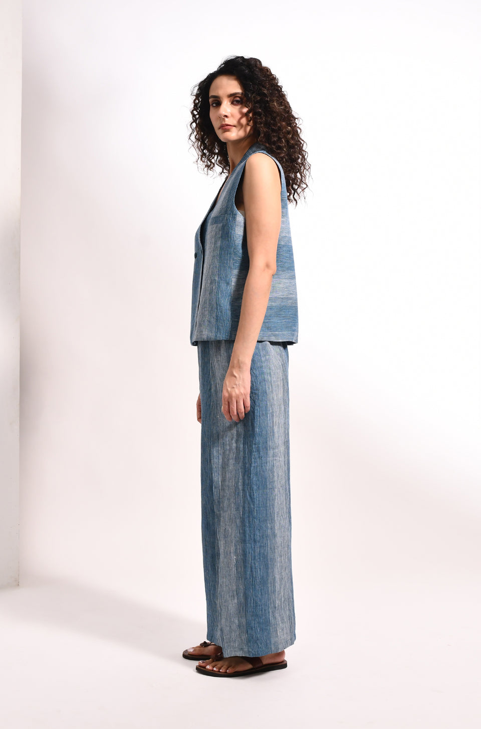 French blue linen striped waistcoat & overlap trousers - Hiranya