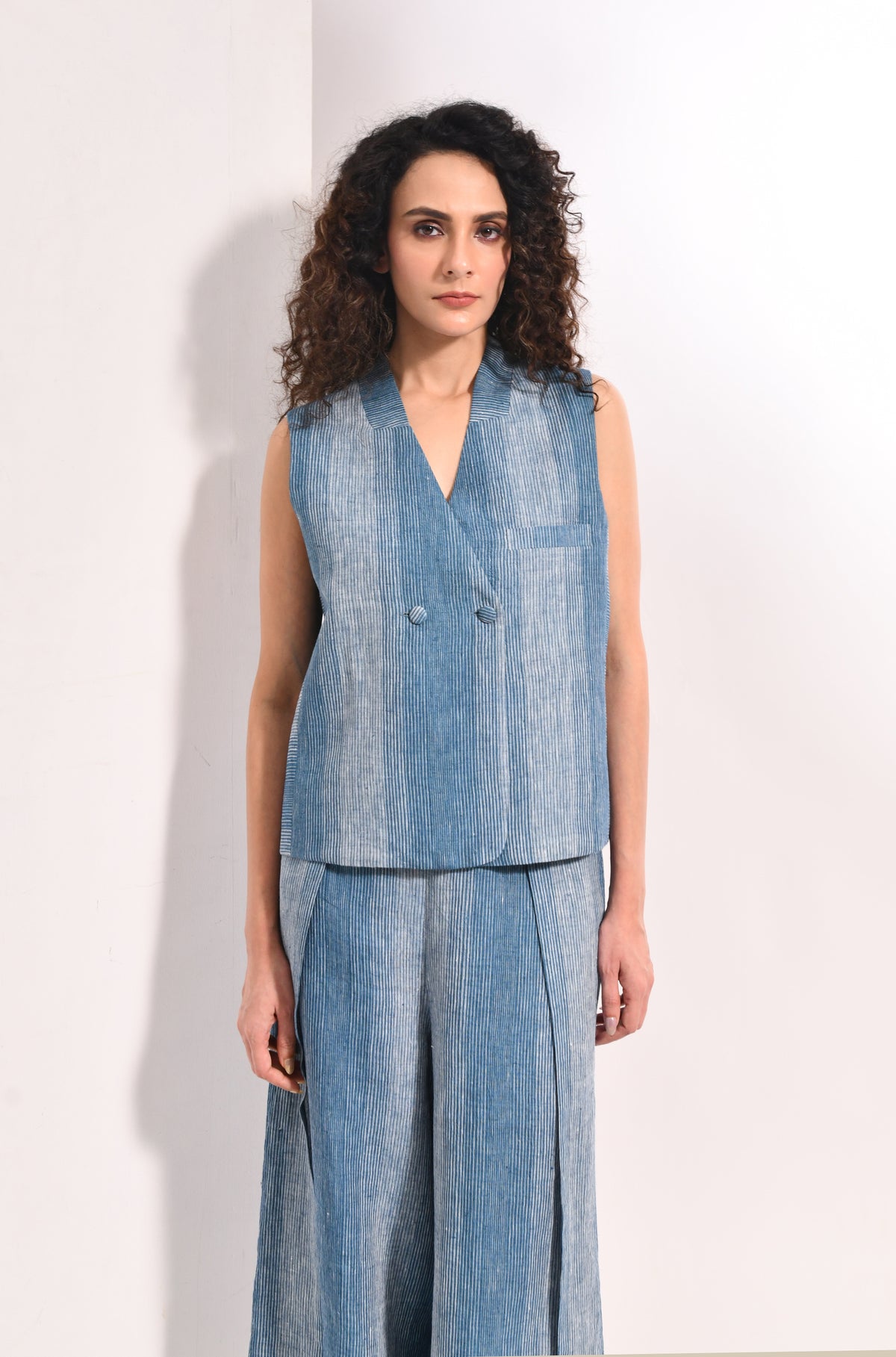 French blue linen striped waistcoat & overlap trousers - Hiranya
