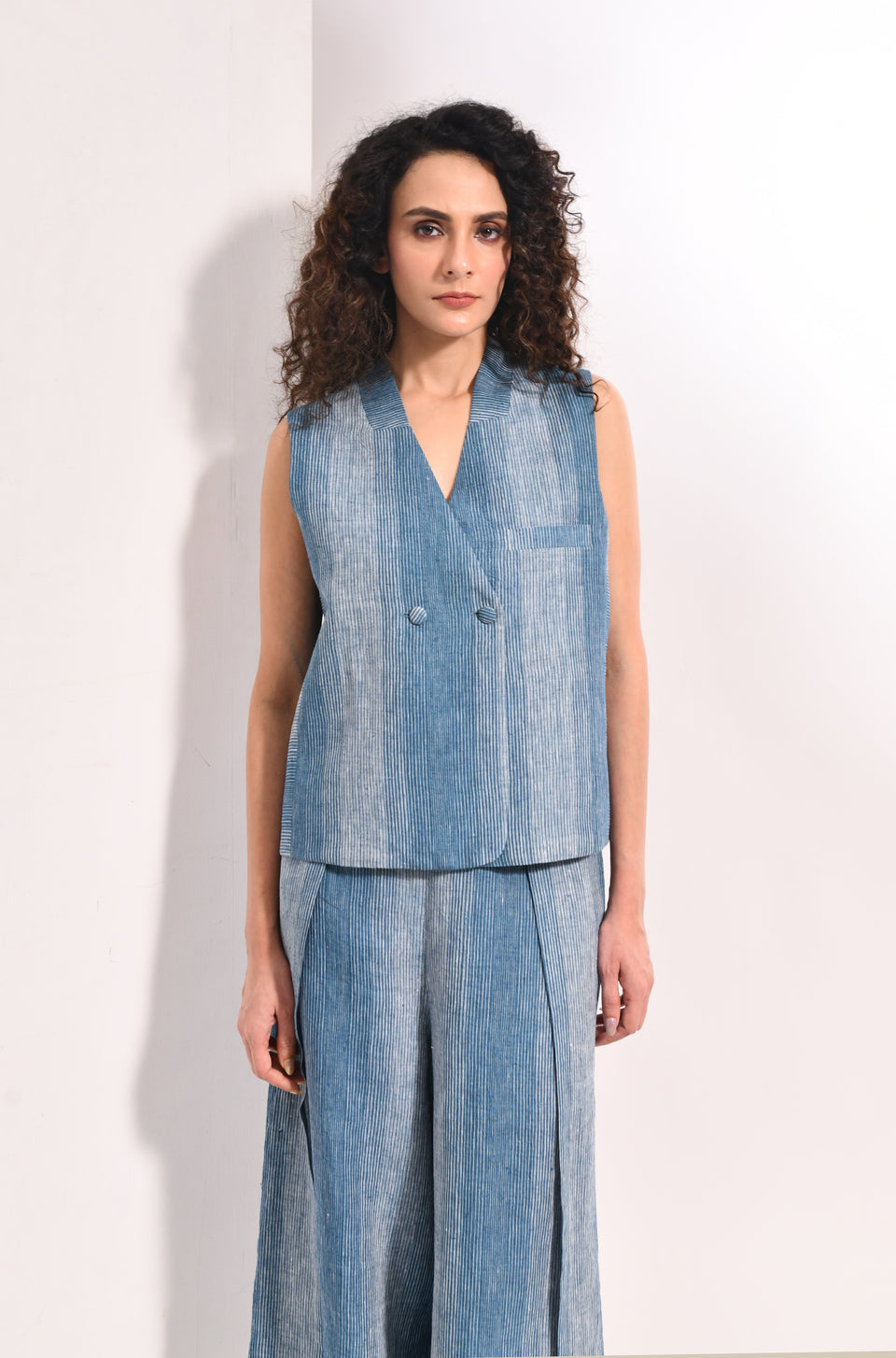 French blue linen striped waistcoat & overlap trousers - Hiranya