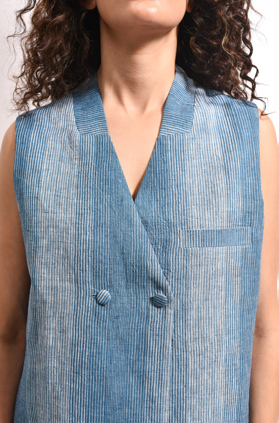 French blue linen striped waistcoat & overlap trousers - Hiranya