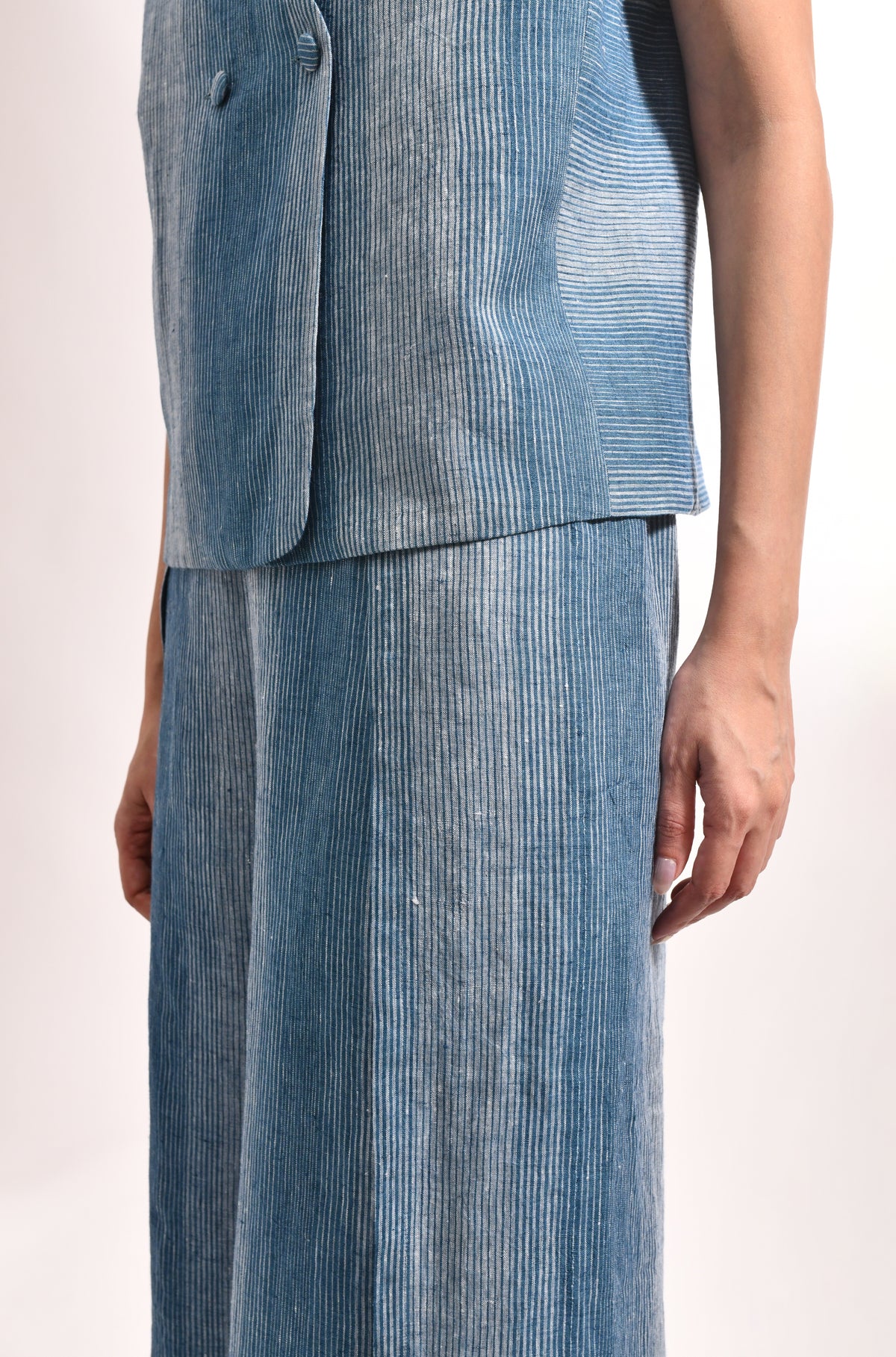 French blue linen striped waistcoat & overlap trousers - Hiranya