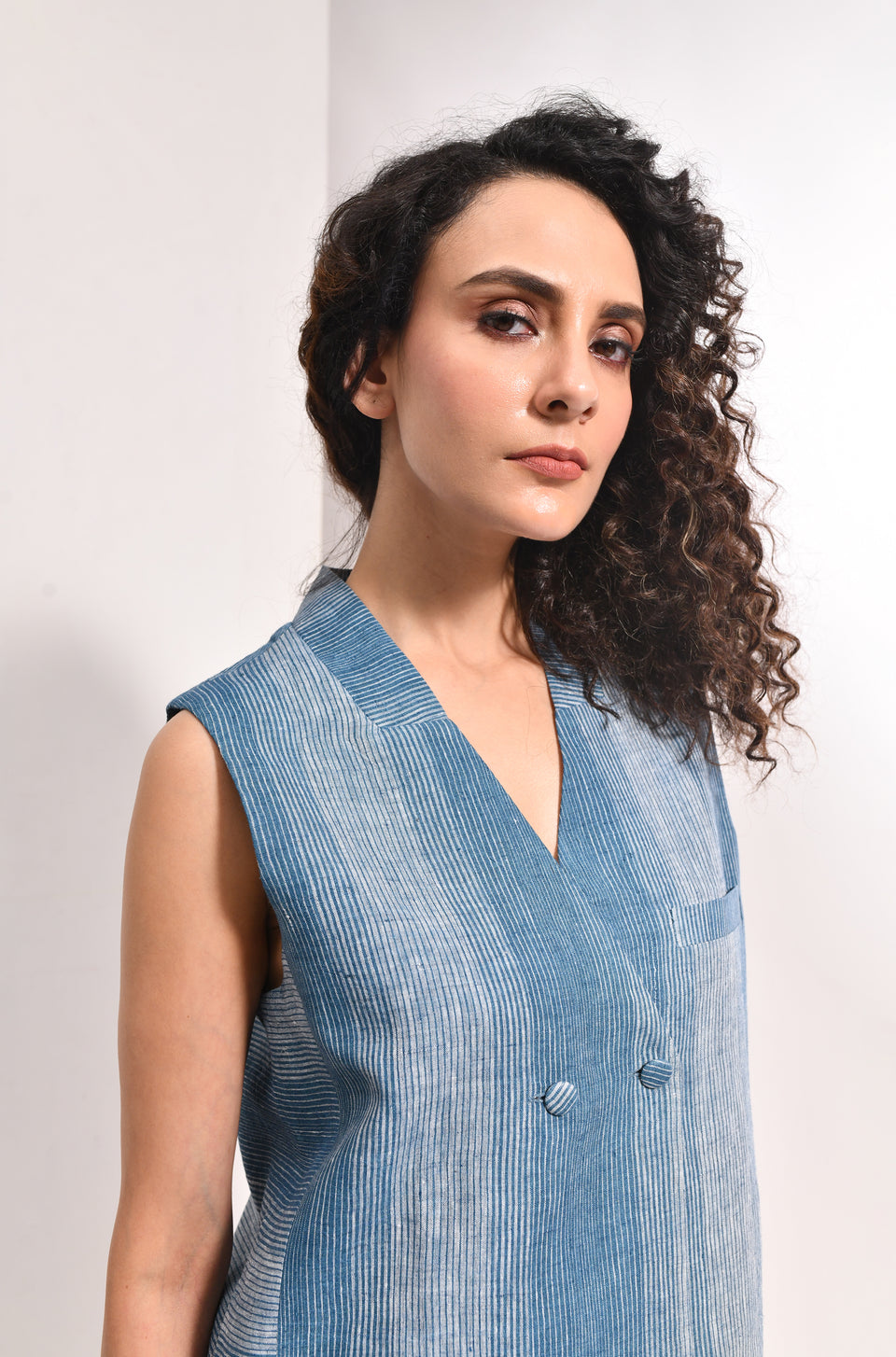 French blue linen striped waistcoat & overlap trousers - Hiranya