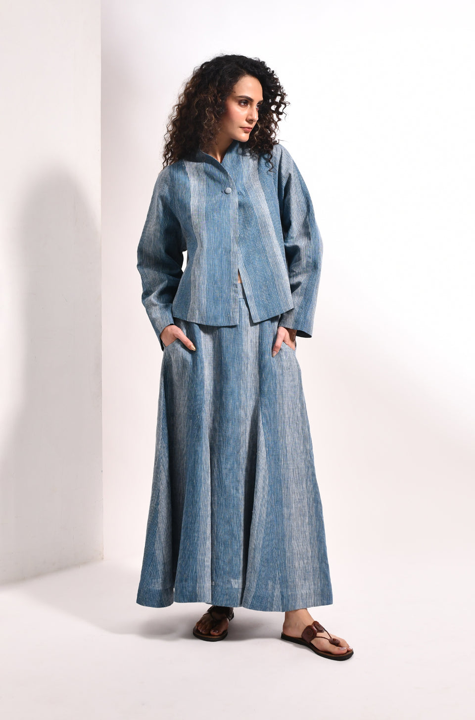 French blue linen crop jacket & panel flared skirt set - Hiranya