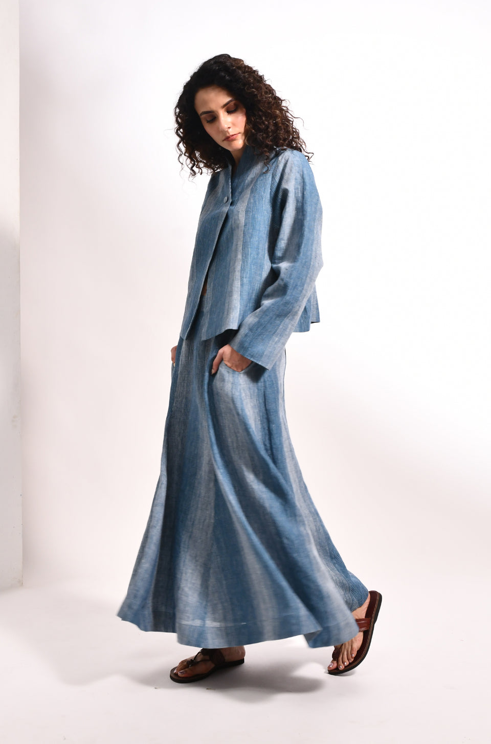 French blue linen crop jacket & panel flared skirt set - Hiranya