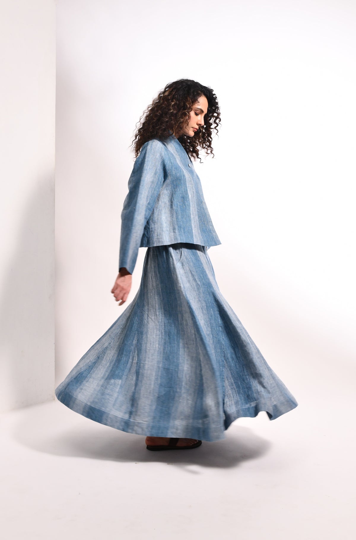 French blue linen crop jacket & panel flared skirt set - Hiranya