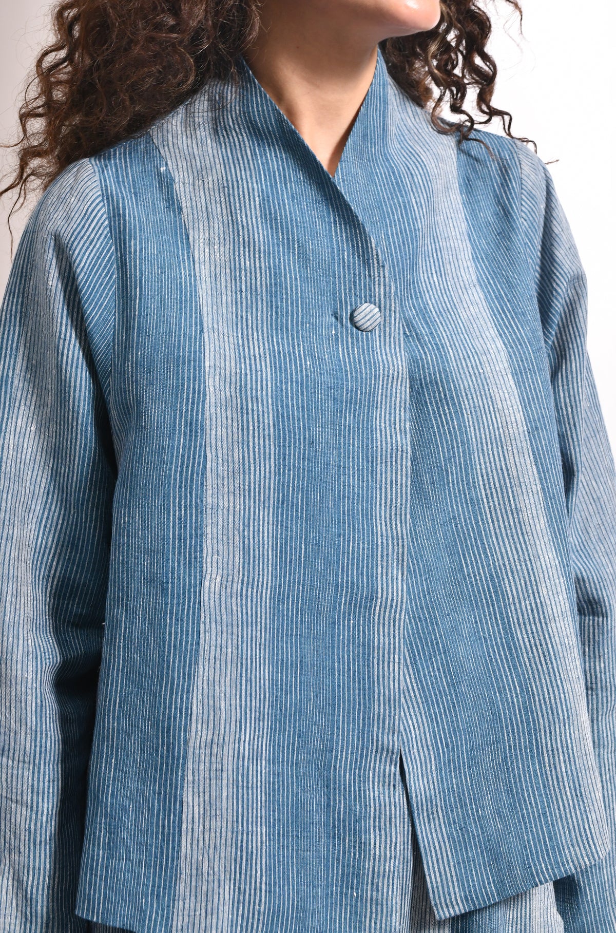 French blue linen crop jacket & panel flared skirt set - Hiranya