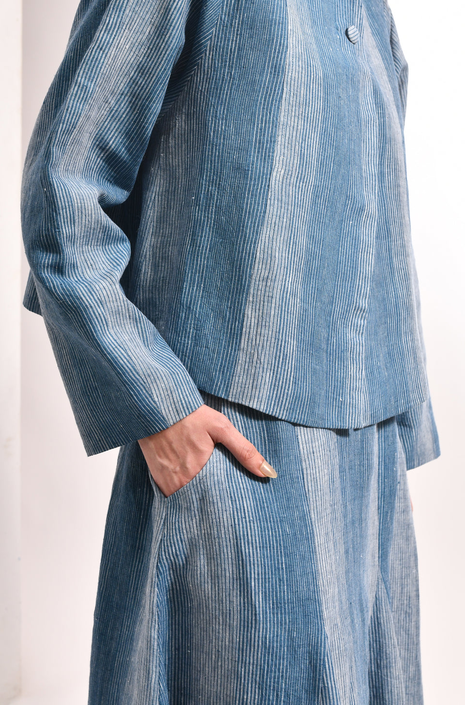 French blue linen crop jacket & panel flared skirt set - Hiranya